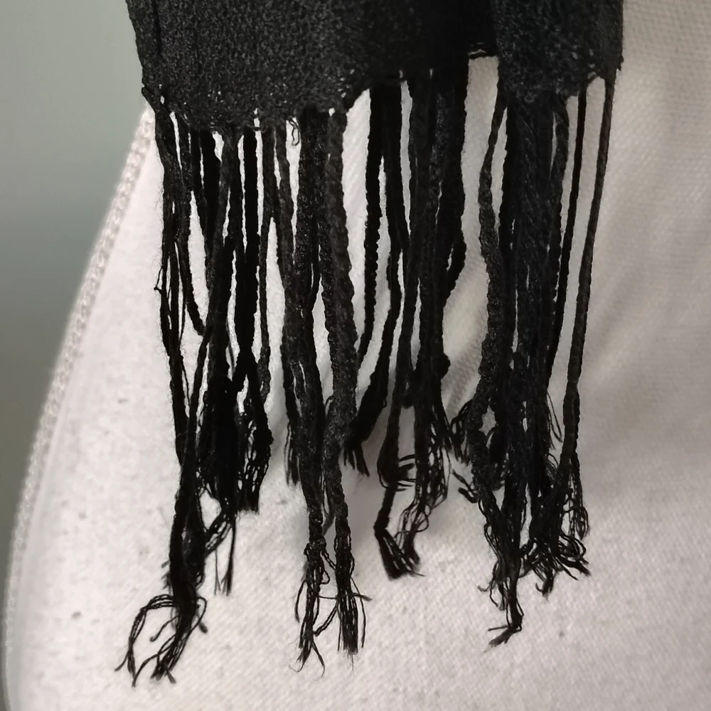 Artisan Crystal Beaded Necklace Scarf Stone Chips Nuggets Wrapped Fringe Black